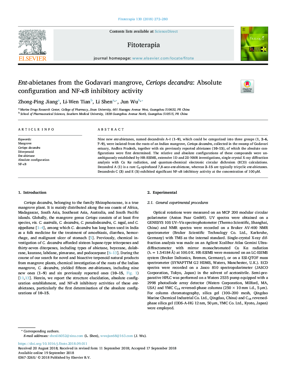 Ent-abietanes from the Godavari mangrove, Ceriops decandra: Absolute configuration and NF-ÎºB inhibitory activity