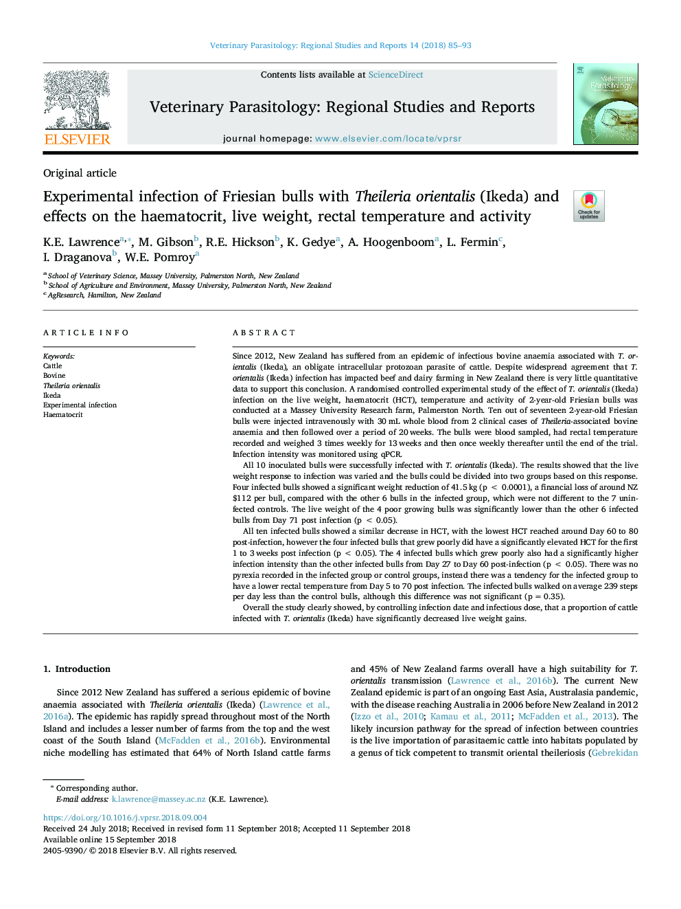 Experimental infection of Friesian bulls with Theileria orientalis (Ikeda) and effects on the haematocrit, live weight, rectal temperature and activity