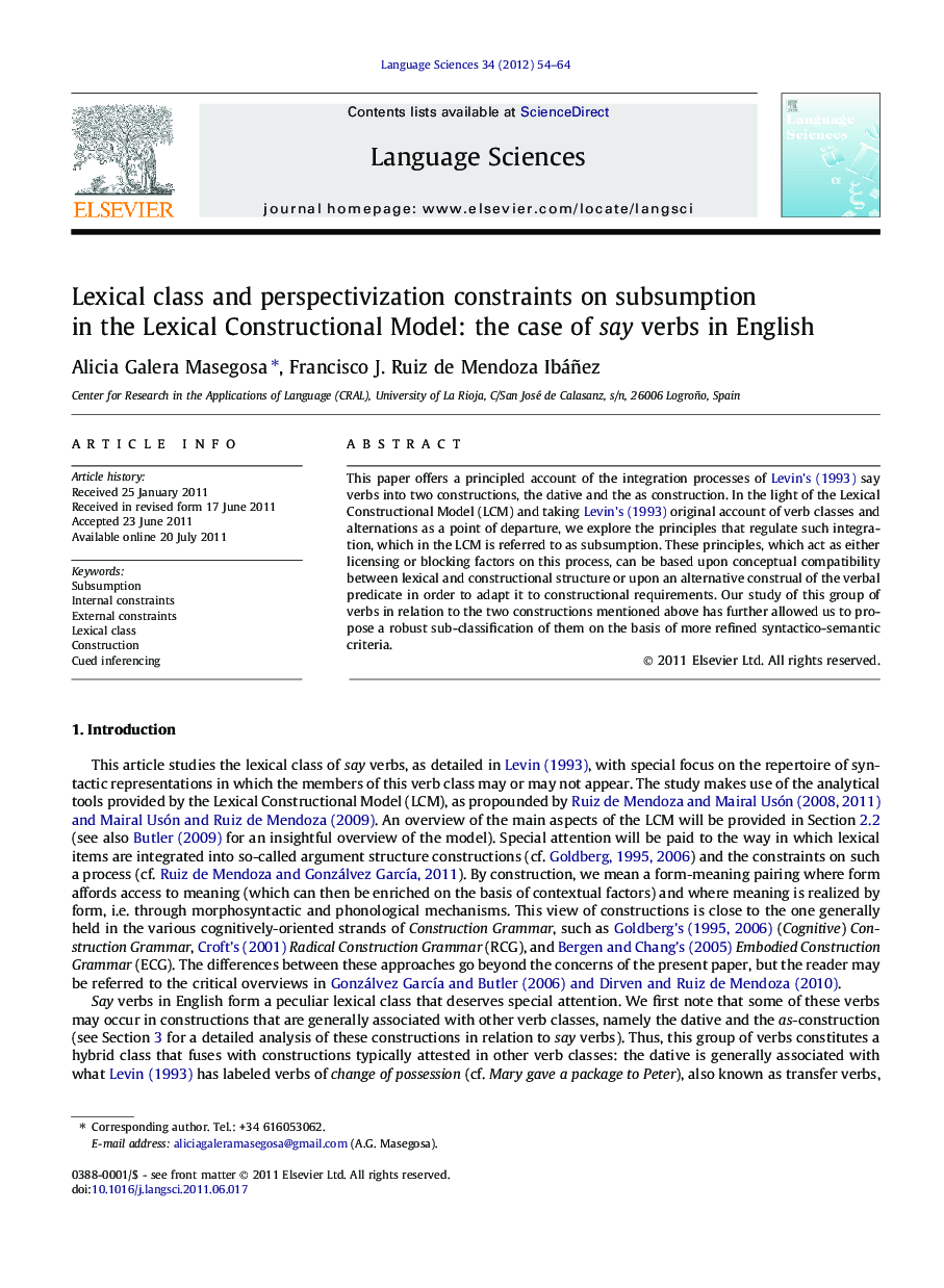 Lexical class and perspectivization constraints on subsumption in the Lexical Constructional Model: the case of say verbs in English