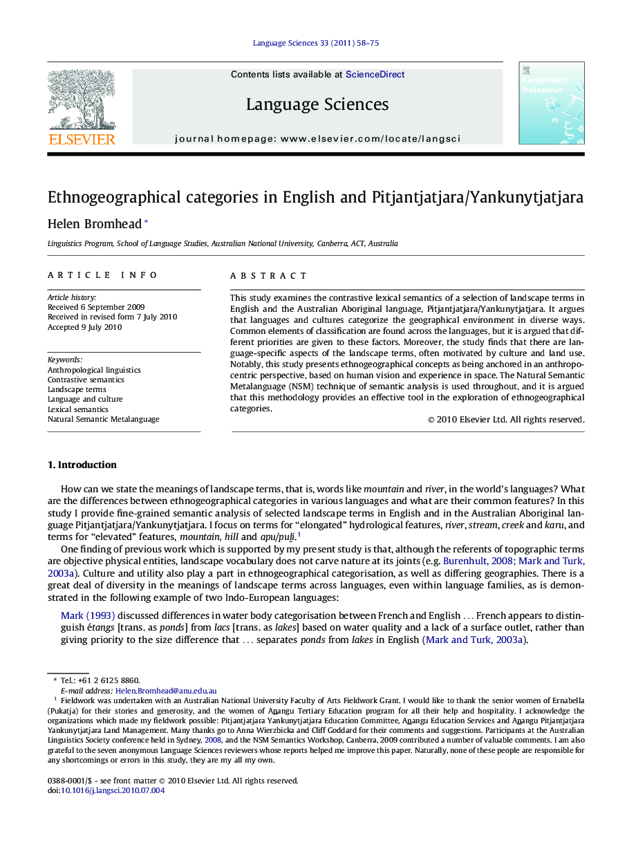 Ethnogeographical categories in English and Pitjantjatjara/Yankunytjatjara