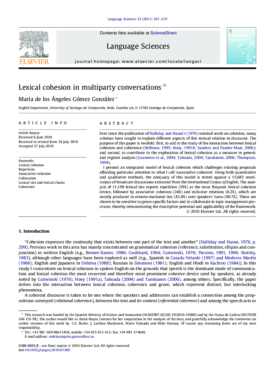 Lexical cohesion in multiparty conversations