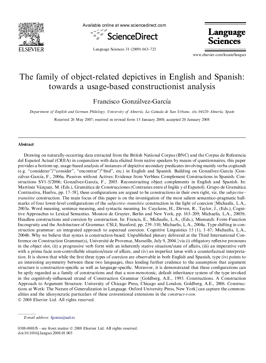 The family of object-related depictives in English and Spanish: towards a usage-based constructionist analysis