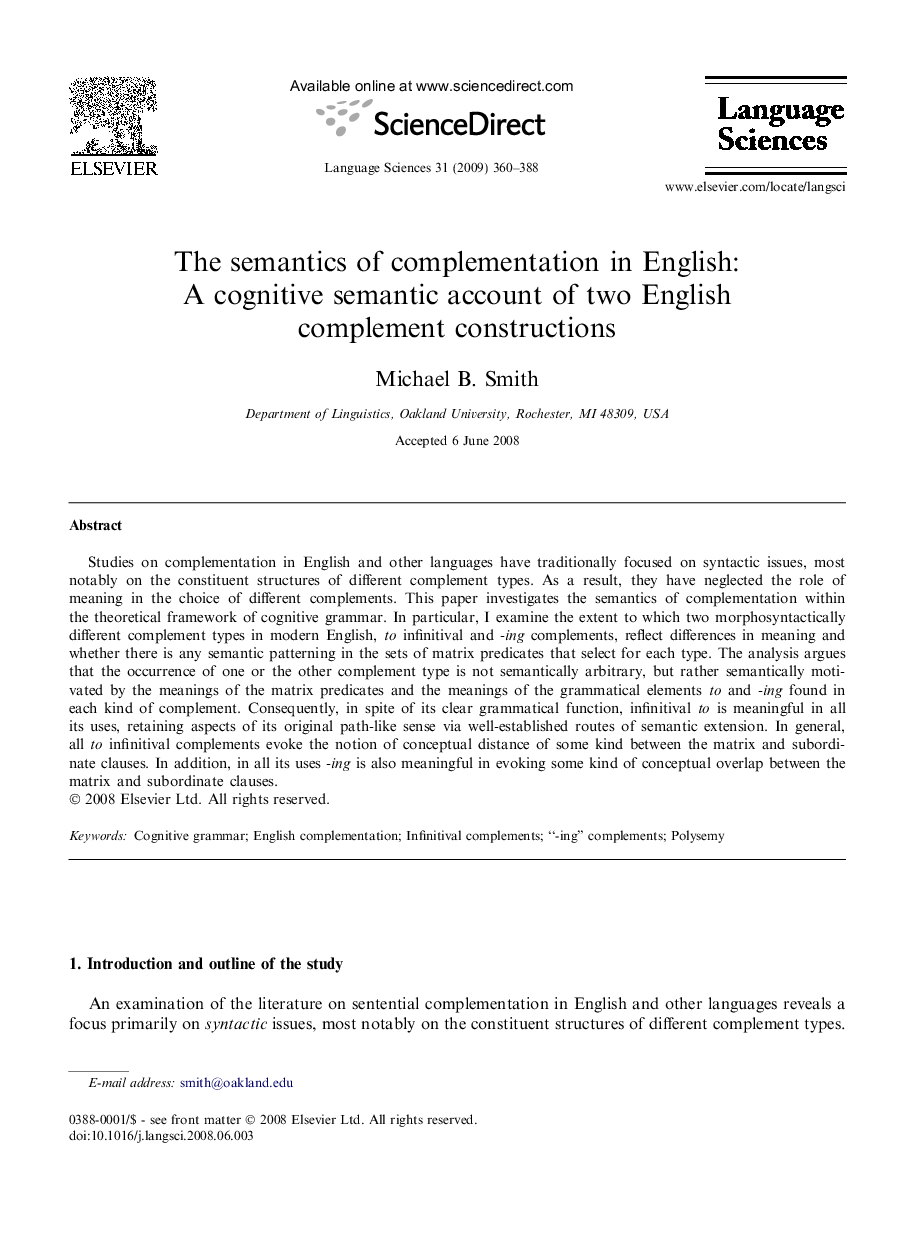 The semantics of complementation in English: A cognitive semantic account of two English complement constructions