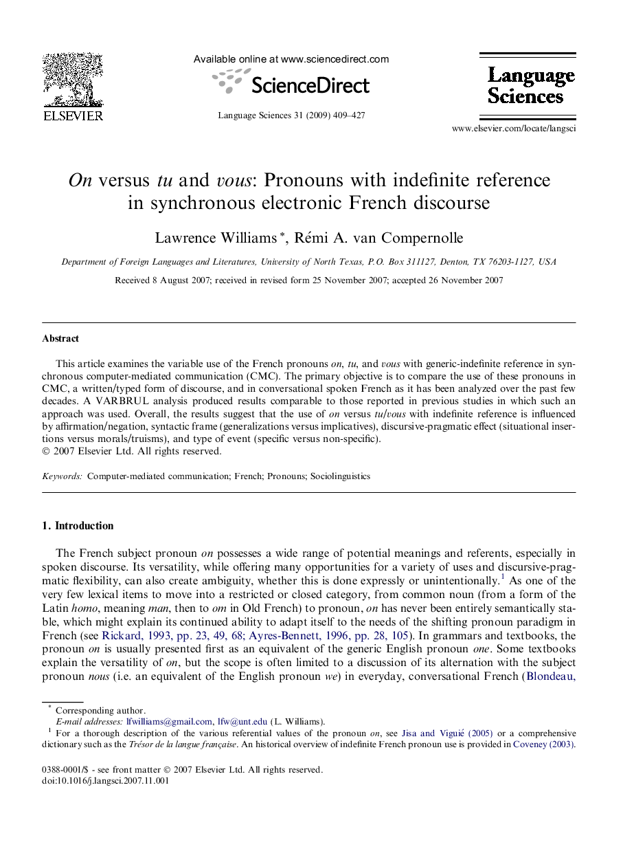 On versus tu and vous: Pronouns with indefinite reference in synchronous electronic French discourse