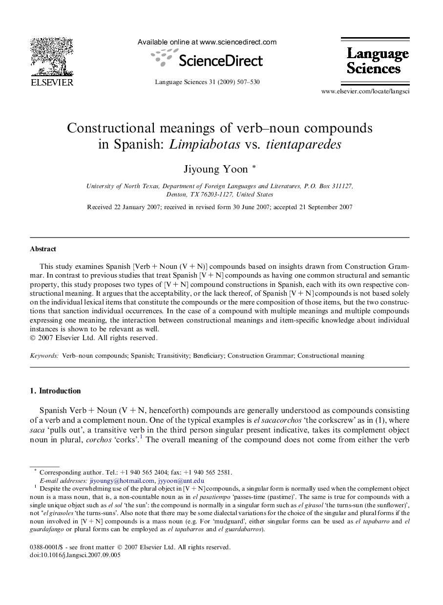 Constructional meanings of verb-noun compounds in Spanish: Limpiabotas vs. tientaparedes