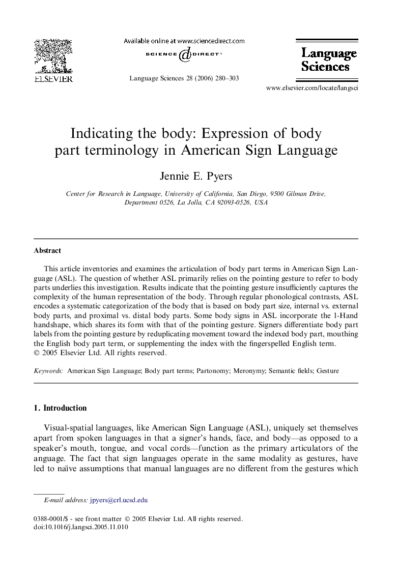 Indicating the body: Expression of body part terminology in American Sign Language