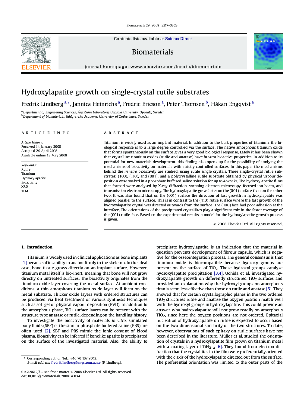 Hydroxylapatite growth on single-crystal rutile substrates