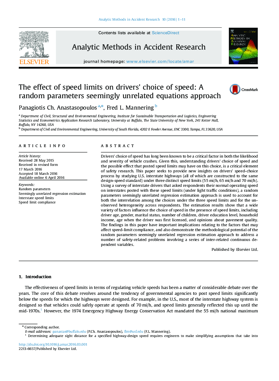 The effect of speed limits on drivers' choice of speed: A random parameters seemingly unrelated equations approach