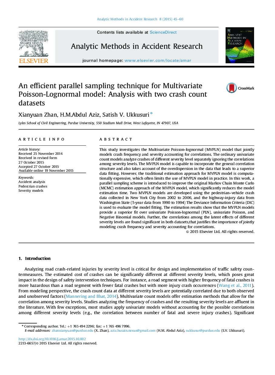 An efficient parallel sampling technique for Multivariate Poisson-Lognormal model: Analysis with two crash count datasets