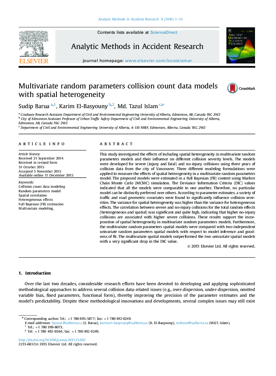 Multivariate random parameters collision count data models with spatial heterogeneity