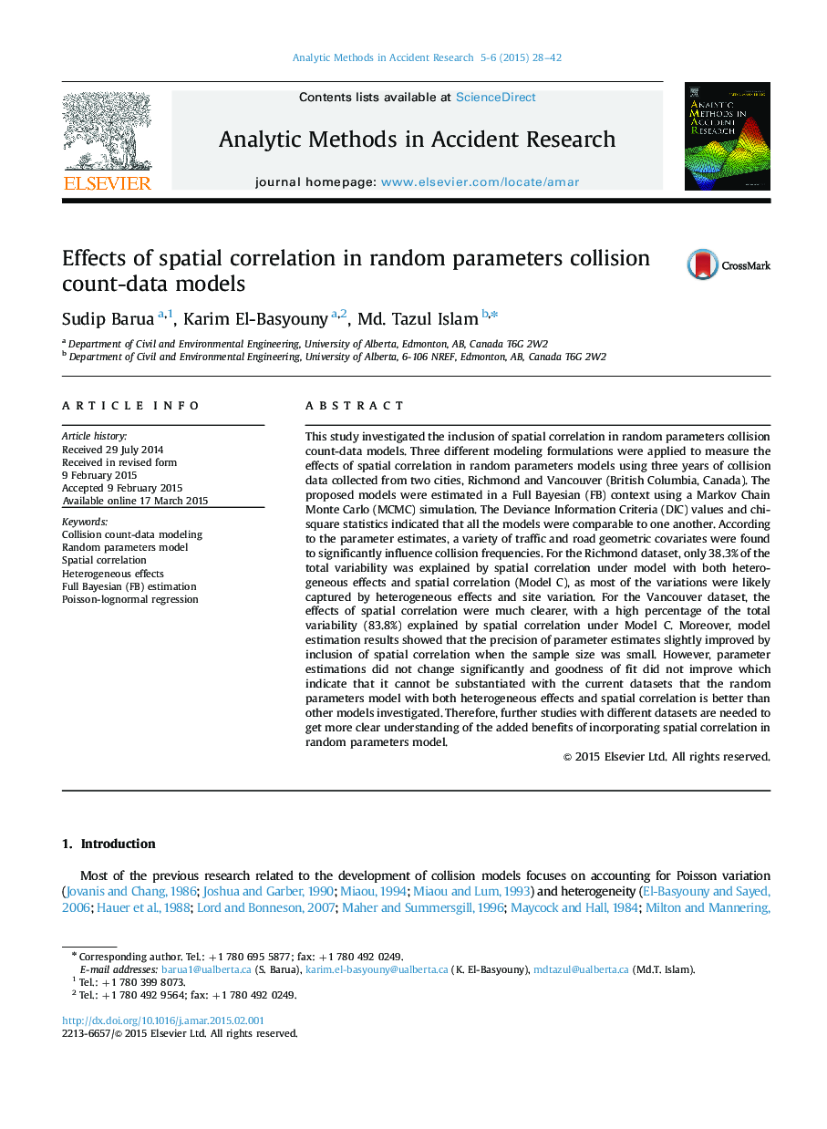 Effects of spatial correlation in random parameters collision count-data models