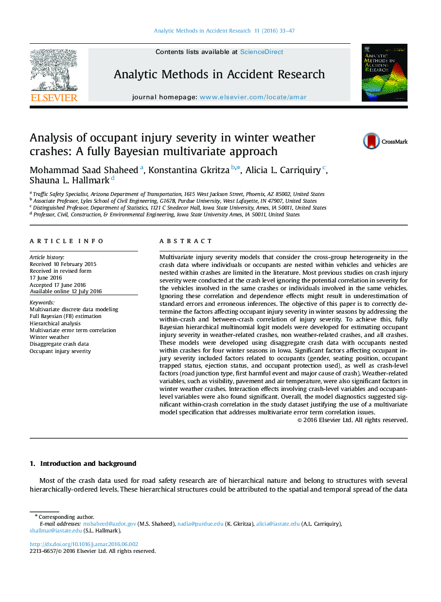 Analysis of occupant injury severity in winter weather crashes: A fully Bayesian multivariate approach