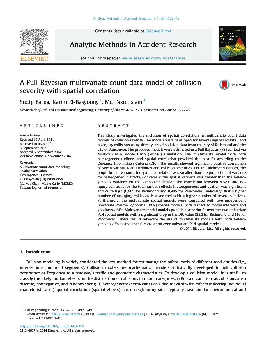 A Full Bayesian multivariate count data model of collision severity with spatial correlation