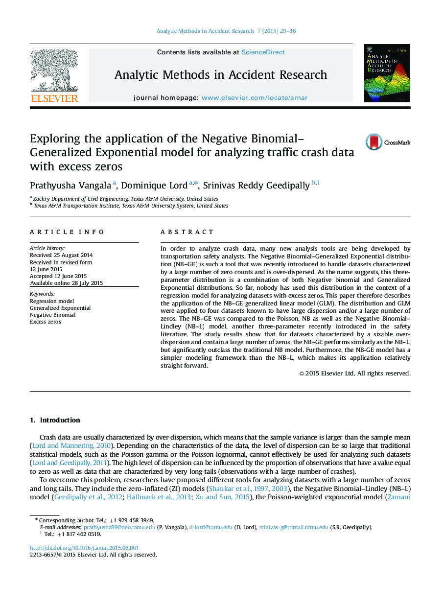 Exploring the application of the Negative Binomial–Generalized Exponential model for analyzing traffic crash data with excess zeros