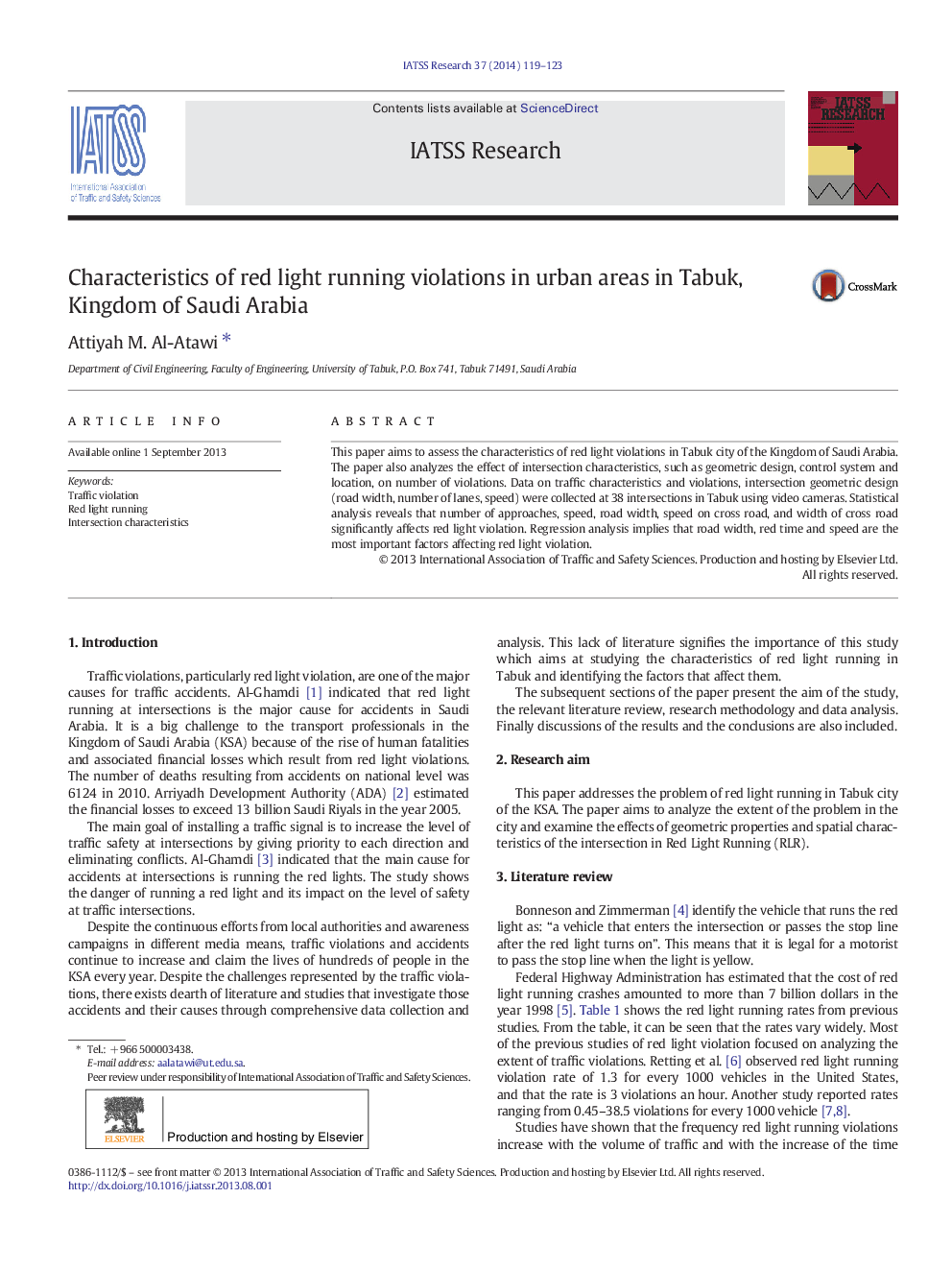 Characteristics of red light running violations in urban areas in Tabuk, Kingdom of Saudi Arabia 