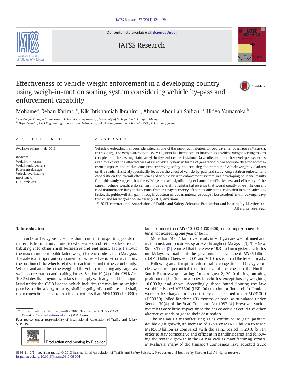 Effectiveness of vehicle weight enforcement in a developing country using weigh-in-motion sorting system considering vehicle by-pass and enforcement capability 