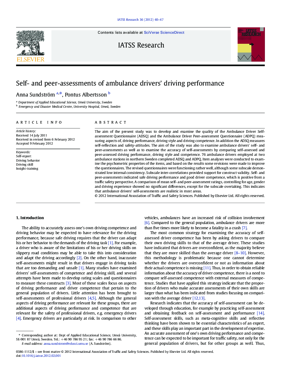 Self- and peer-assessments of ambulance drivers' driving performance