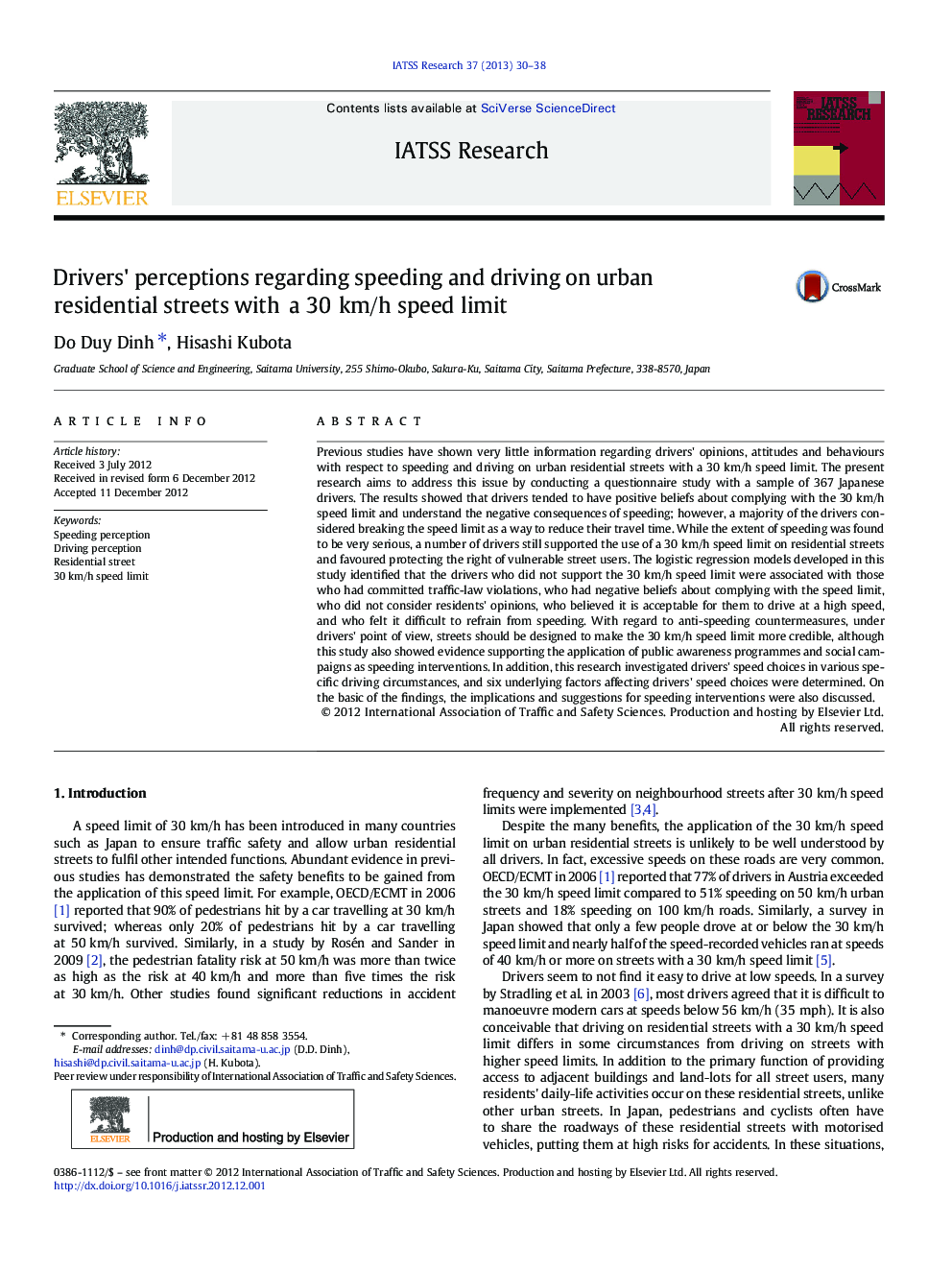 Drivers' perceptions regarding speeding and driving on urban residential streets with a 30 km/h speed limit
