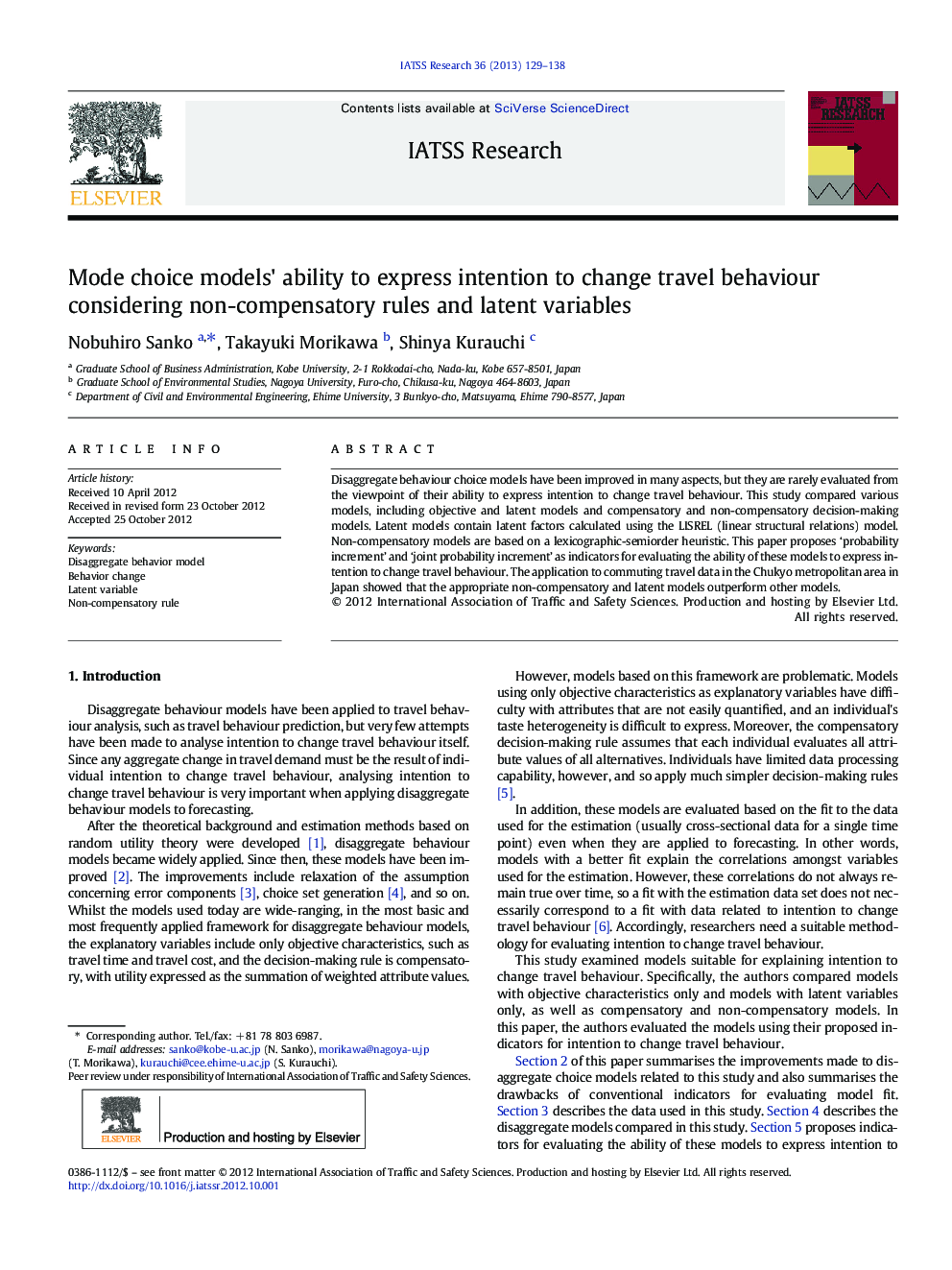 Mode choice models' ability to express intention to change travel behaviour considering non-compensatory rules and latent variables 