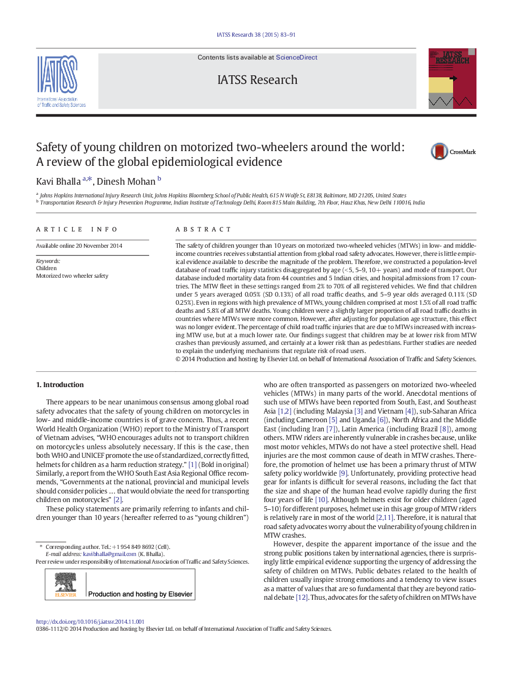 Safety of young children on motorized two-wheelers around the world: A review of the global epidemiological evidence