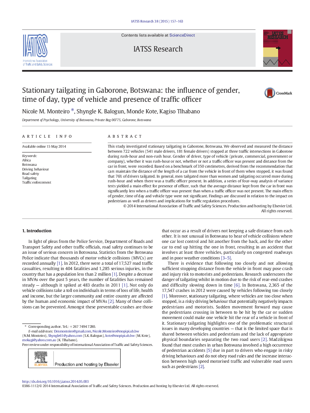 Stationary tailgating in Gaborone, Botswana: the influence of gender, time of day, type of vehicle and presence of traffic officer 