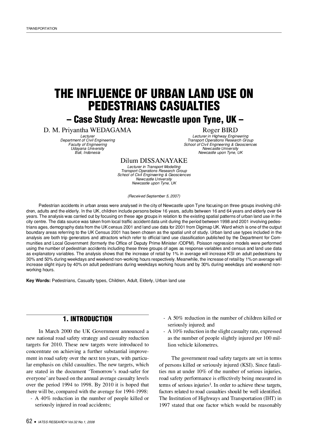 THE INFLUENCE OF URBAN LAND USE ON PEDESTRIANS CASUALTIES: Case Study Area: Newcastle upon Tyne, UK