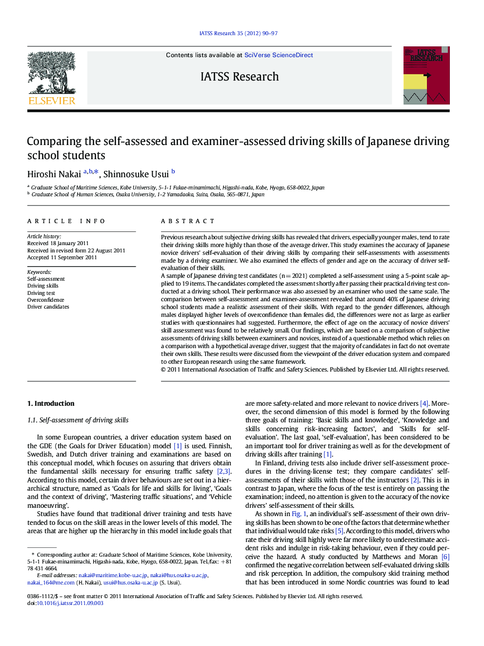 Comparing the self-assessed and examiner-assessed driving skills of Japanese driving school students