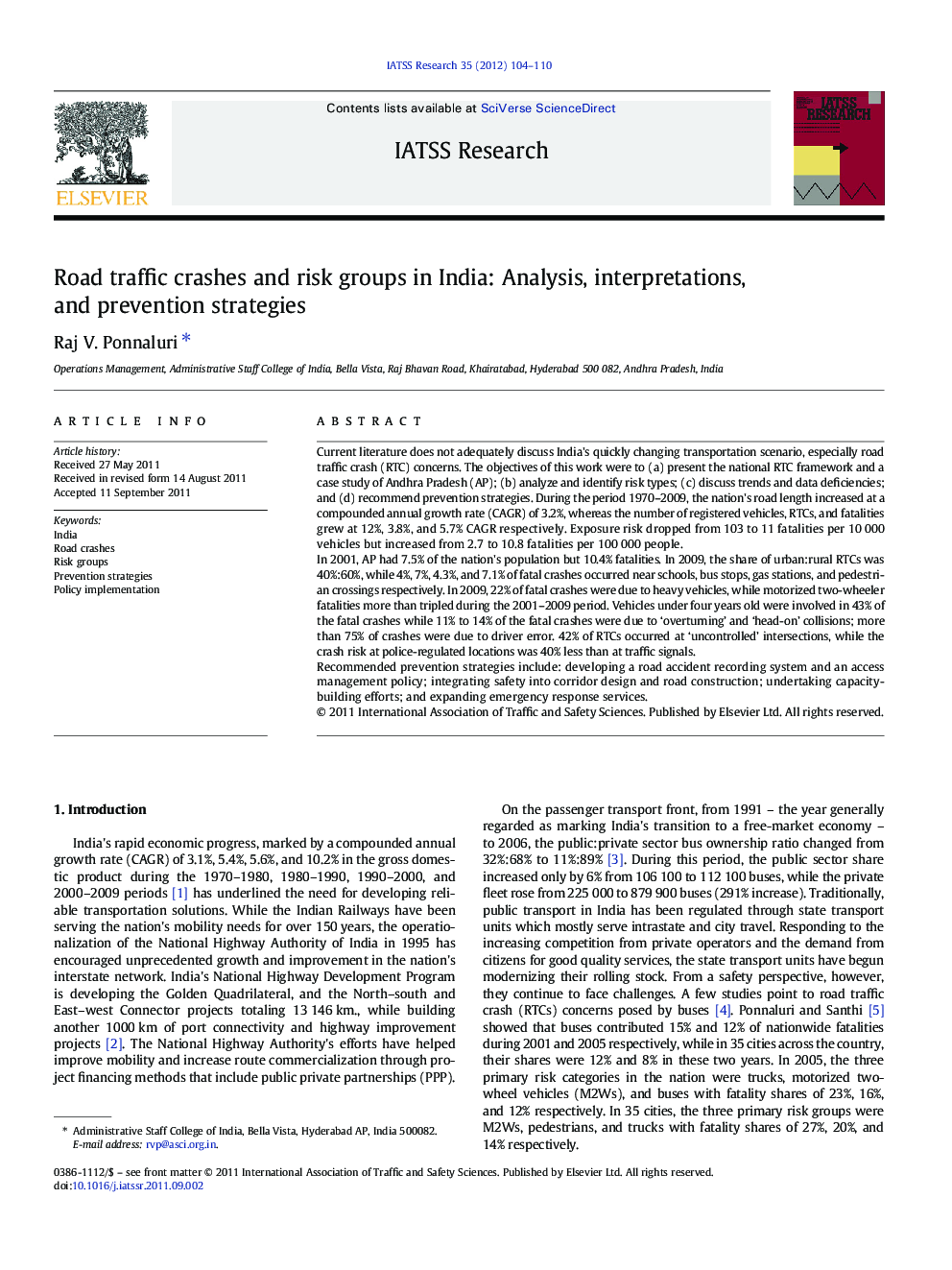 Road traffic crashes and risk groups in India: Analysis, interpretations, and prevention strategies