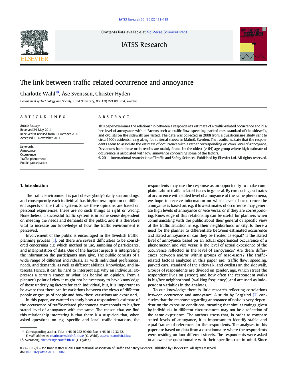 The link between traffic-related occurrence and annoyance