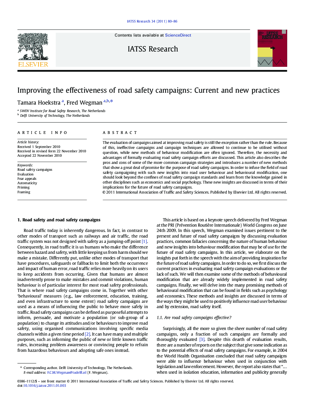 Improving the effectiveness of road safety campaigns: Current and new practices