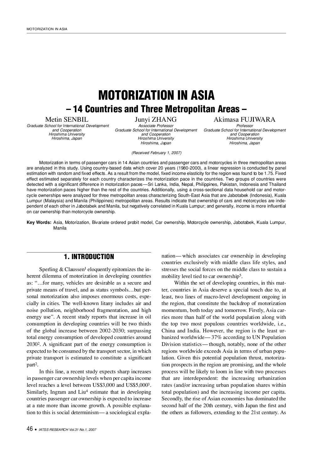 MOTORIZATION IN ASIA: 14 Countries and Three Metropolitan Areas