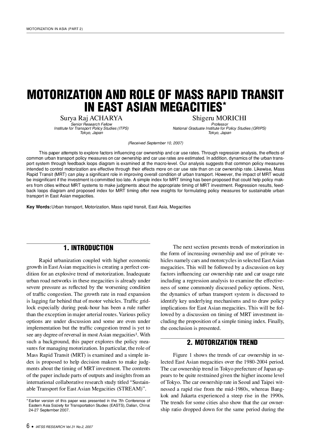 MOTORIZATION AND ROLE OF MASS RAPID TRANSIT IN EAST ASIAN MEGACITIES 