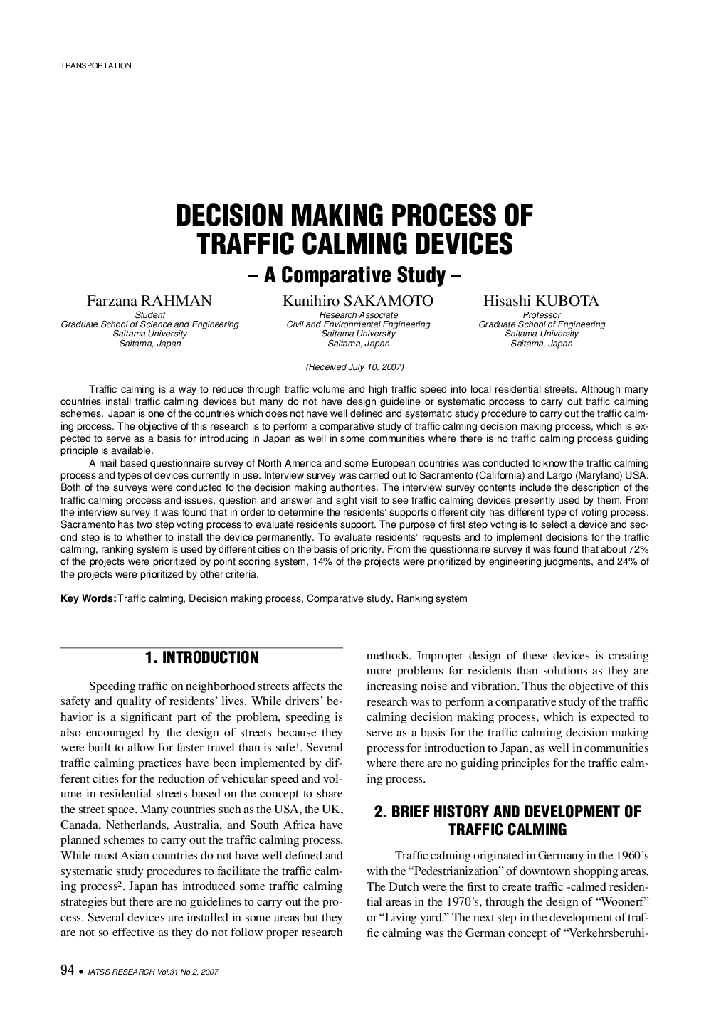 DECISION MAKING PROCESS OF TRAFFIC CALMING DEVICES: A Comparative Study