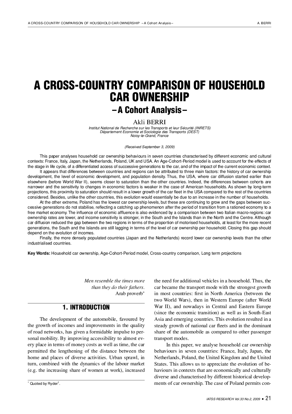 A CROSS-COUNTRY COMPARISON OF HOUSEHOLD, CAR OWNERSHIP: A Cohort Analysis