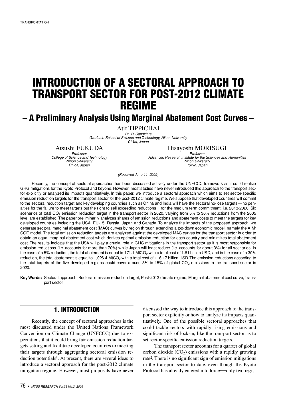 INTRODUCTION OF A SECTORAL APPROACH TO TRANSPORT SECTOR FOR POST-2012 CLIMATE REGIME: A Preliminary Analysis Using Marginal Abatement Cost Curves