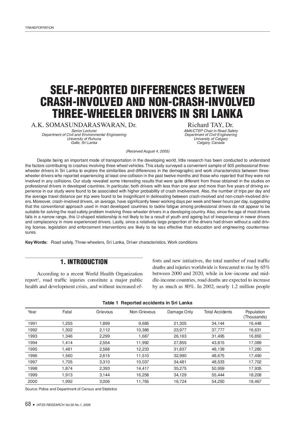 SELF-REPORTED DIFFERENCES BETWEEN CRASH-INVOLVED AND NON-CRASH-INVOLVED THREE-WHEELER DRIVERS IN SRI LANKA