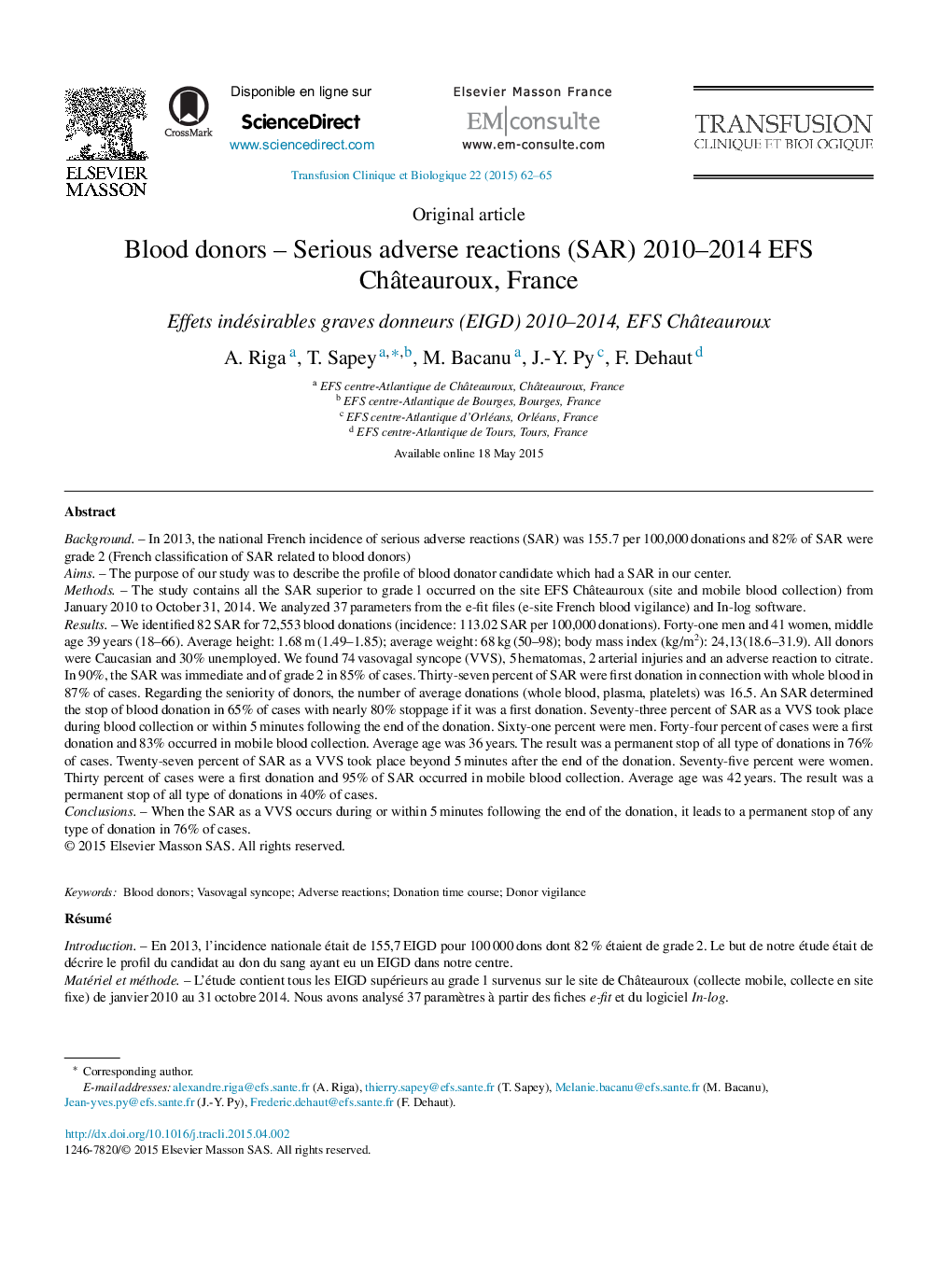 Blood donors – Serious adverse reactions (SAR) 2010–2014 EFS Châteauroux, France