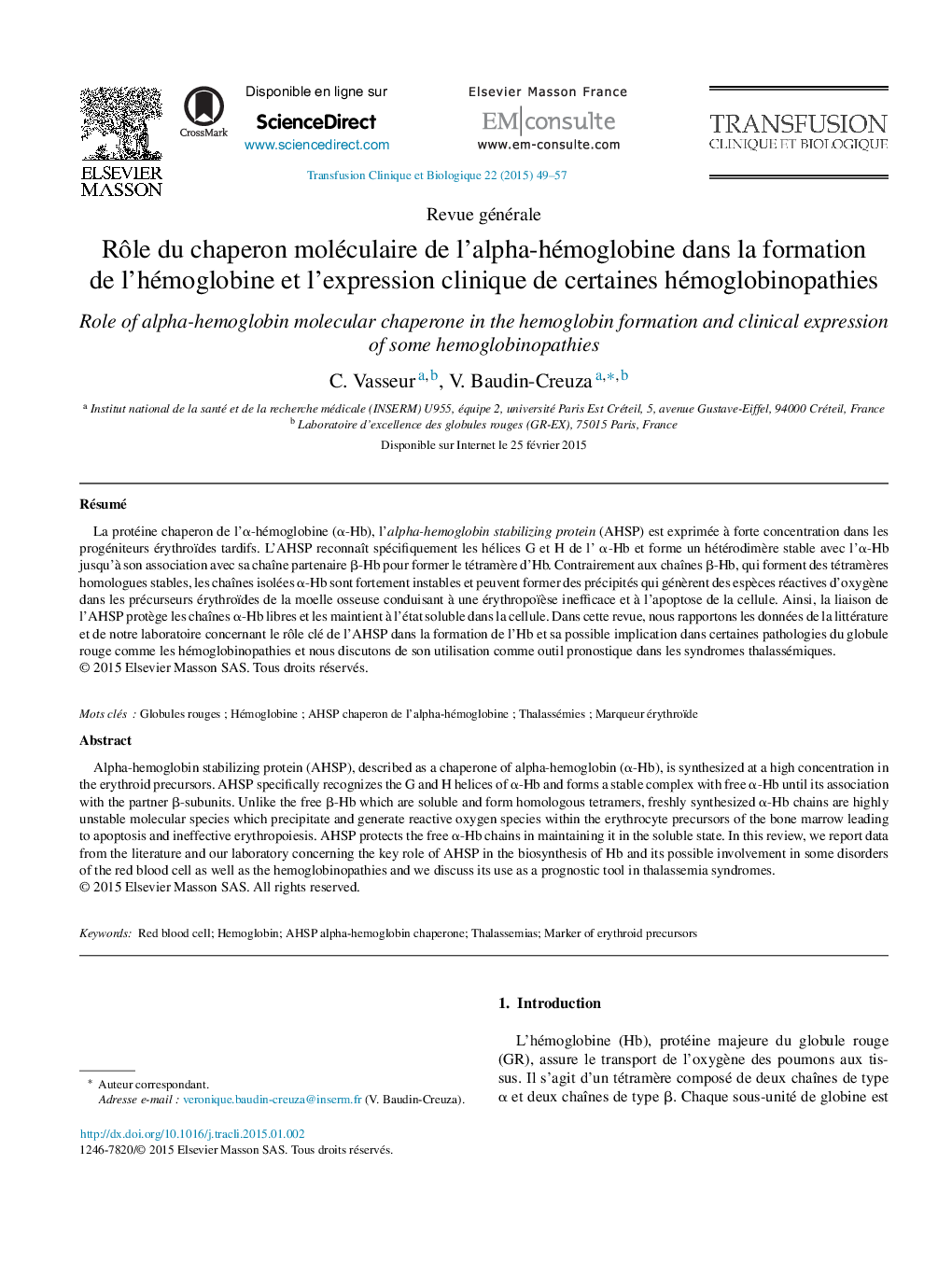 Rôle du chaperon moléculaire de l’alpha-hémoglobine dans la formation de l’hémoglobine et l’expression clinique de certaines hémoglobinopathies