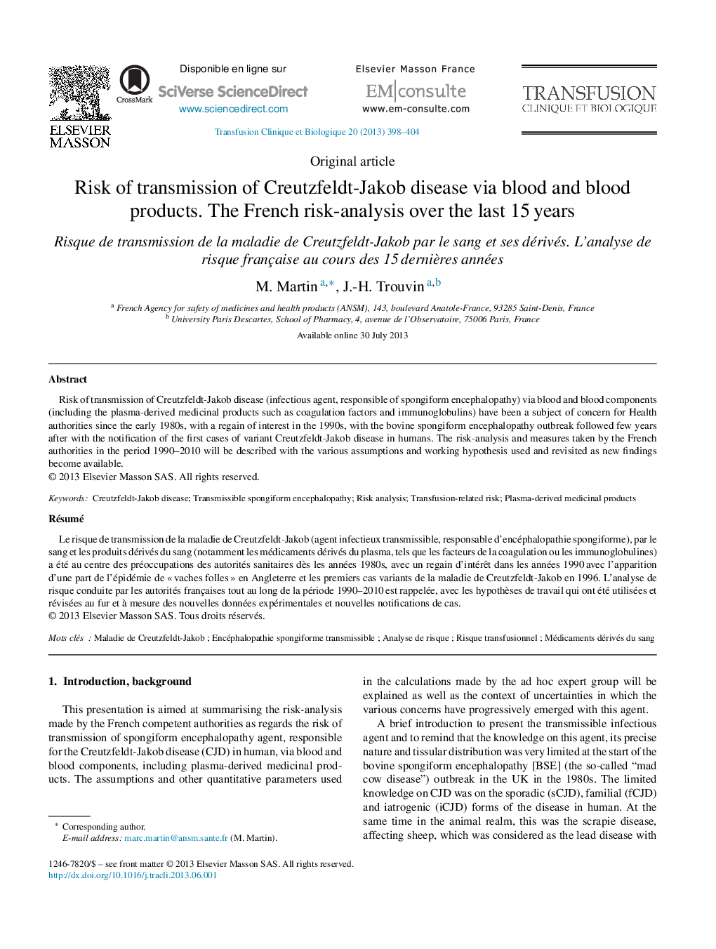 Risk of transmission of Creutzfeldt-Jakob disease via blood and blood products. The French risk-analysis over the last 15 years