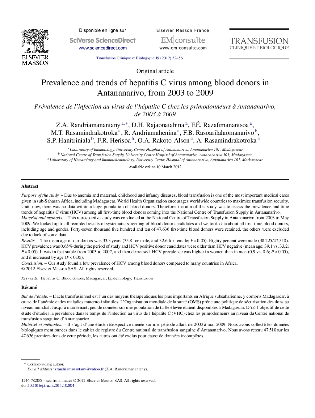 Prevalence and trends of hepatitis C virus among blood donors in Antananarivo, from 2003 to 2009