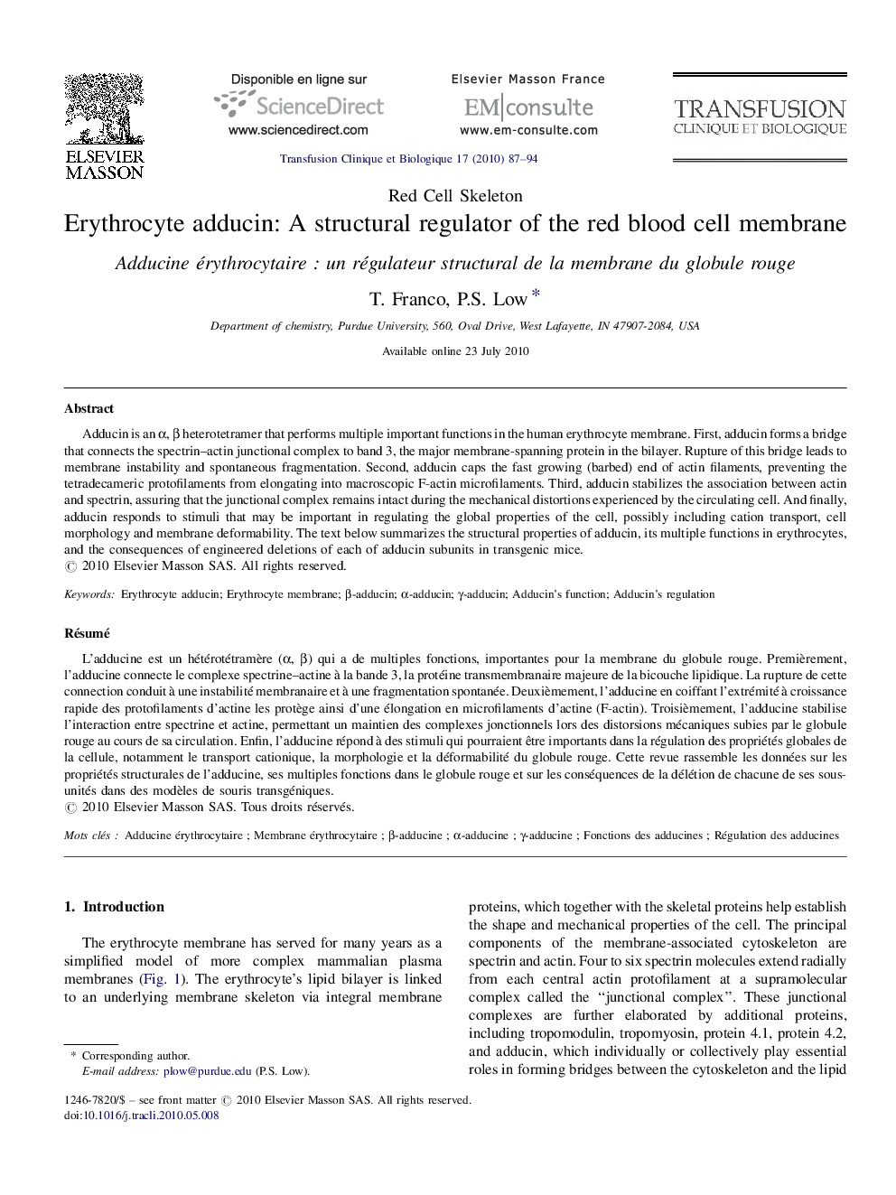 Erythrocyte adducin: A structural regulator of the red blood cell membrane