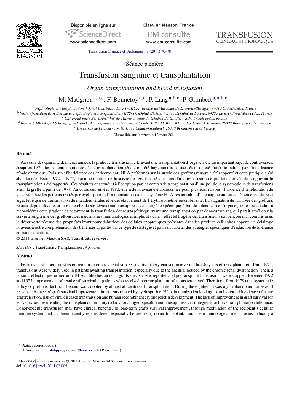 Transfusion sanguine et transplantation