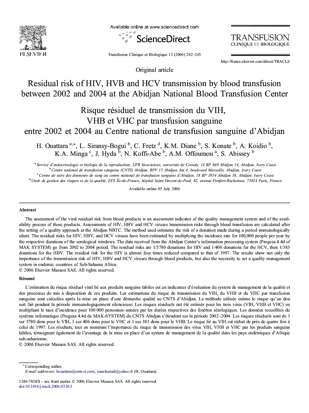 Residual risk ofÂ HIV, HVB andÂ HCV transmission byÂ blood transfusion between 2002 andÂ 2004 at theÂ Abidjan National Blood Transfusion Center