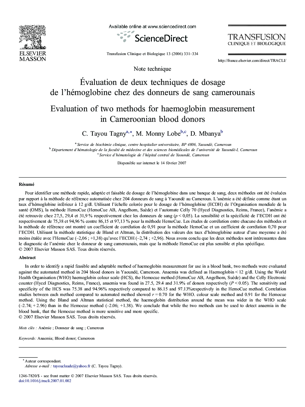 Ãvaluation deÂ deuxÂ techniques deÂ dosage deÂ l'hémoglobine chezÂ desÂ donneurs deÂ sang camerounais