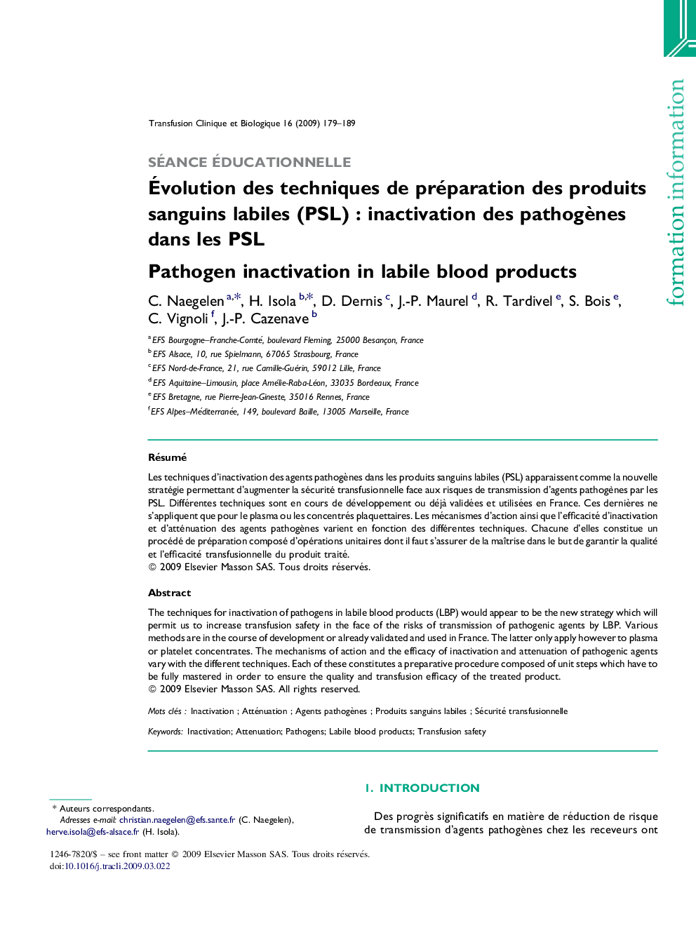 Évolution des techniques de préparation des produits sanguins labiles (PSL) : inactivation des pathogènes dans les PSL