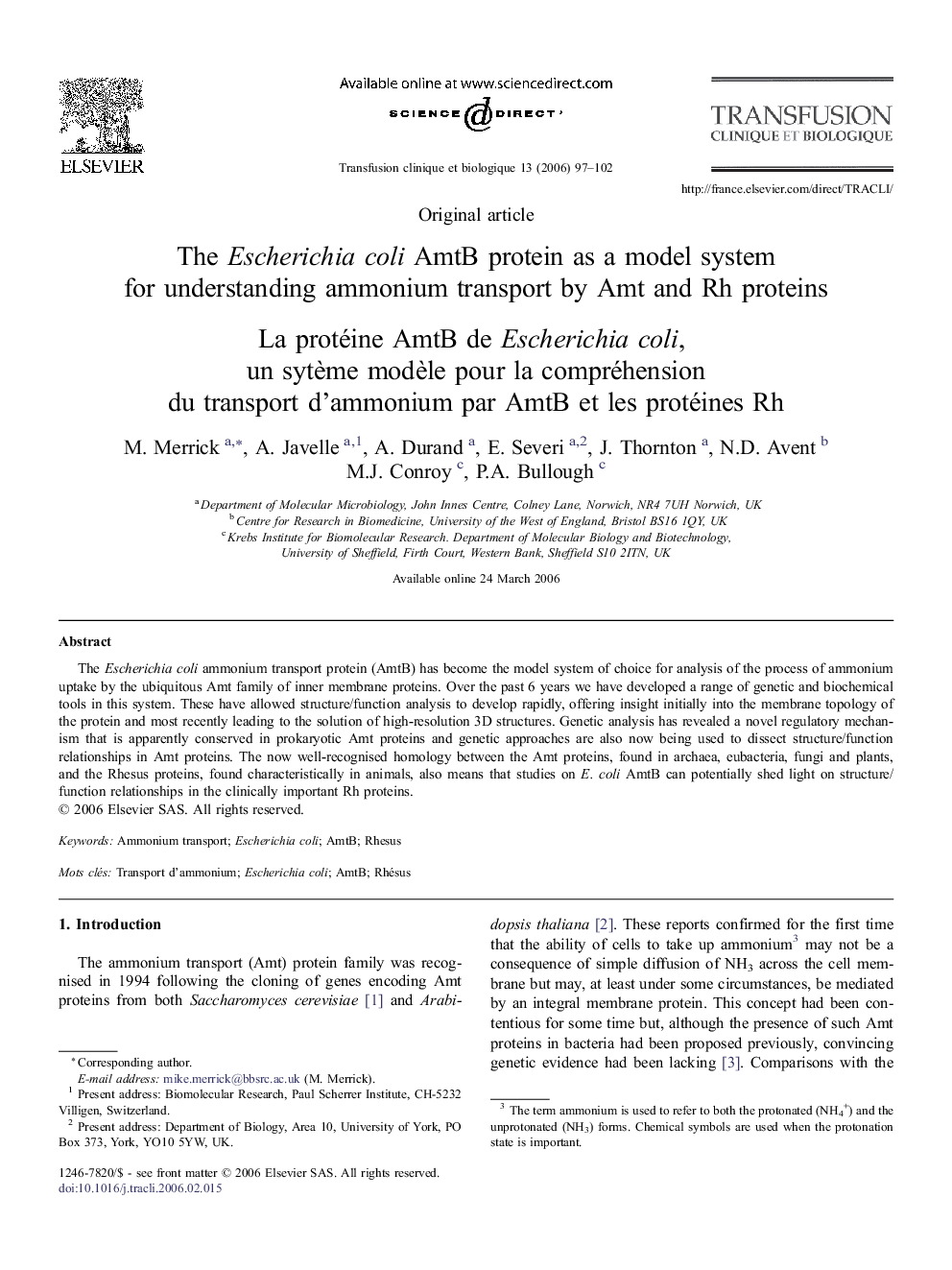 The Escherichia coli AmtB protein as a model system for understanding ammonium transport by Amt and Rh proteins