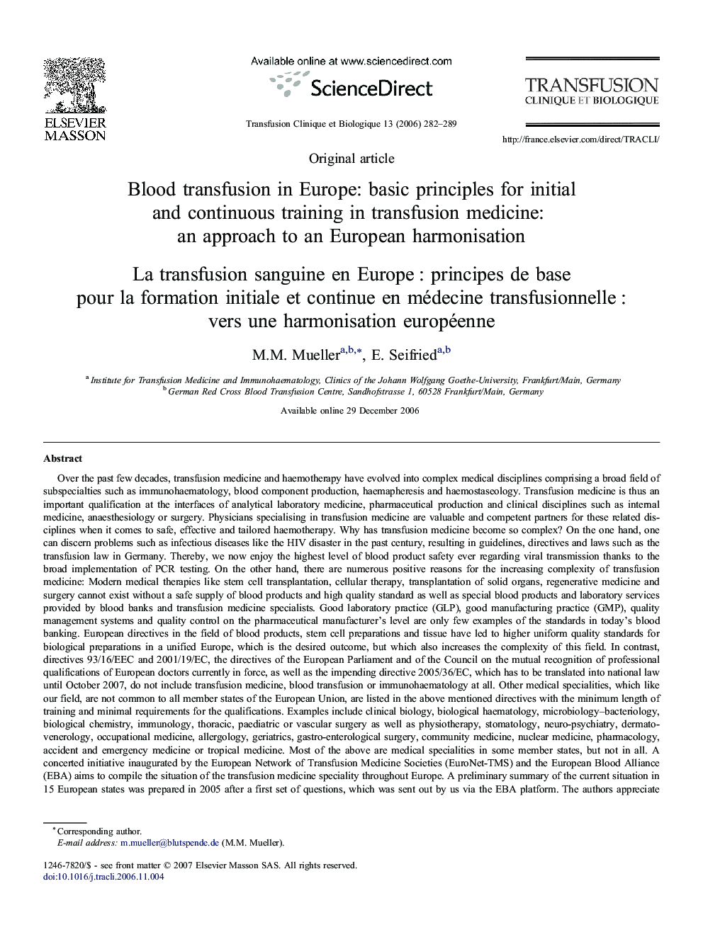 Blood transfusion in Europe: basic principles for initial and continuous training in transfusion medicine: an approach to an European harmonisation