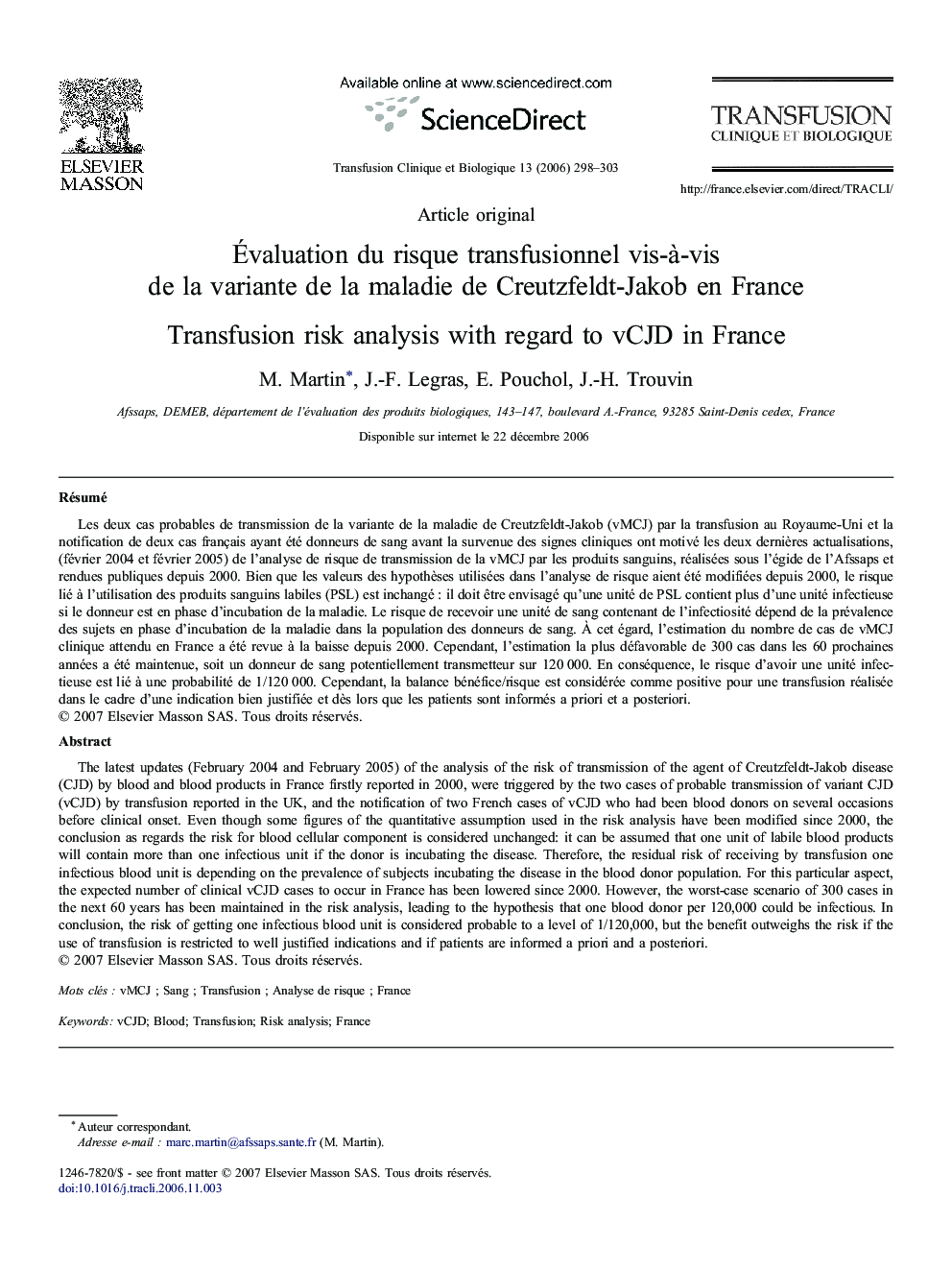 Évaluation du risque transfusionnel vis-à-vis de la variante de la maladie de Creutzfeldt-Jakob en France