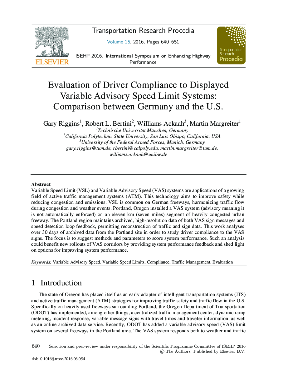 Evaluation of Driver Compliance to Displayed Variable Advisory Speed Limit Systems: Comparison between Germany and the U.S. 