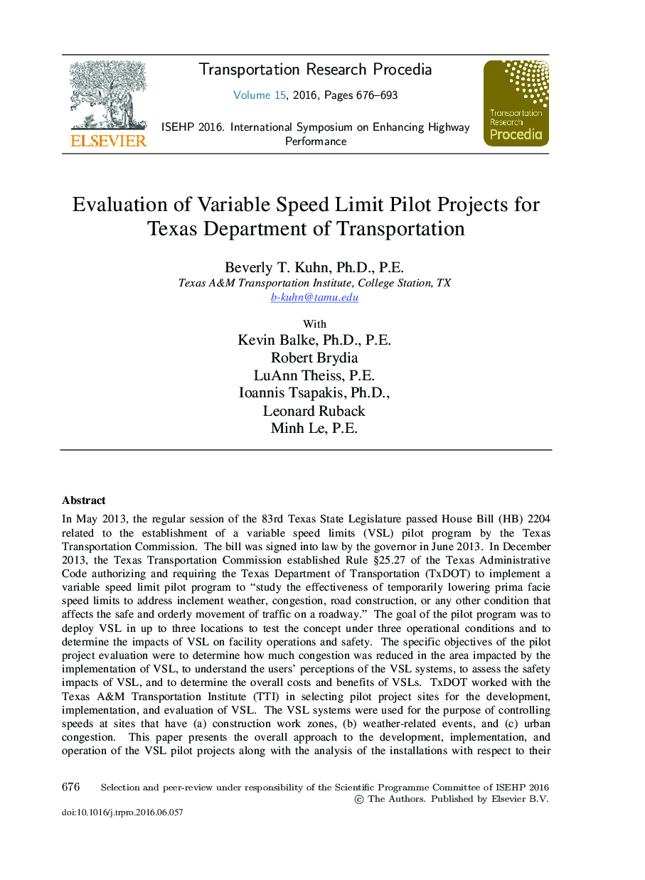 Evaluation of Variable Speed Limit Pilot Projects for Texas Department of Transportation 